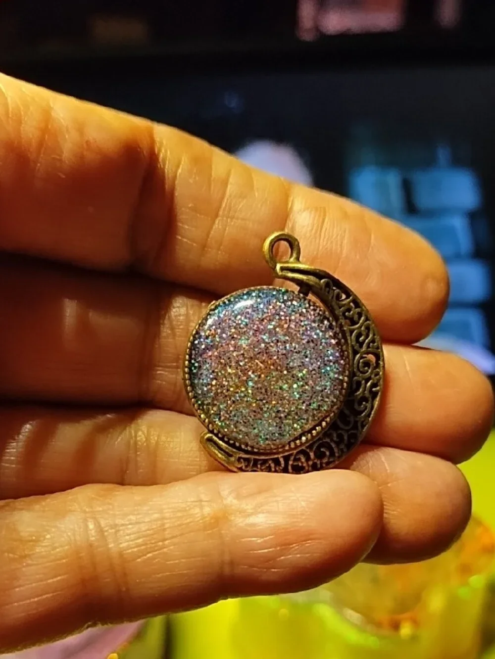 Handcrafted Bronze Moon Pendant with Iridescent Glitter Resin